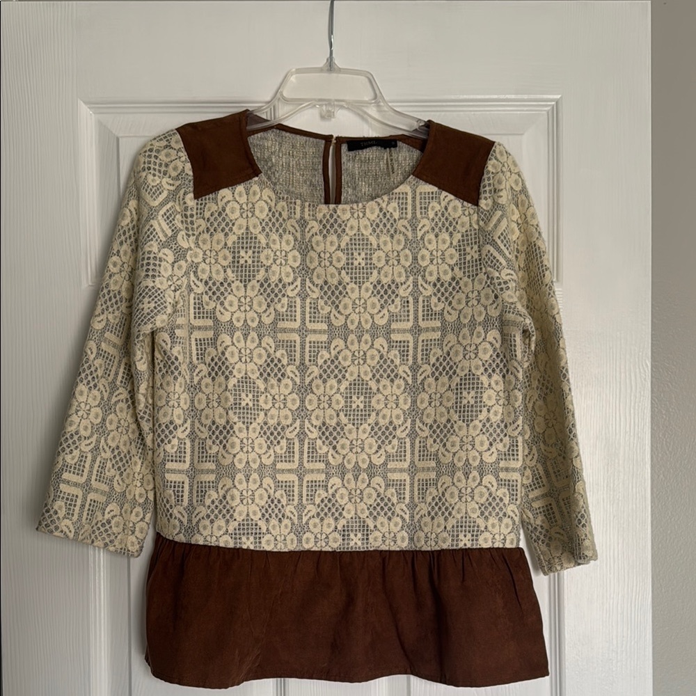 Cream and Brown Patterned Blouse